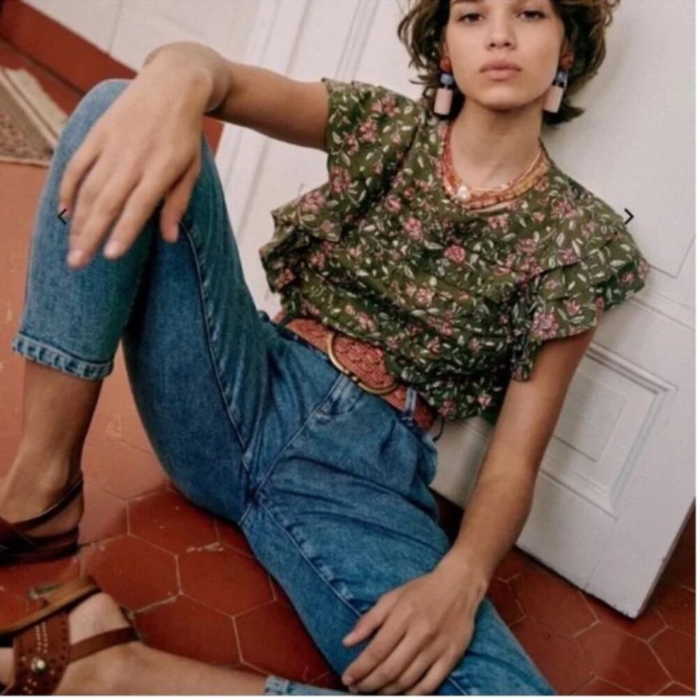 Sezane Melia Blouse - Size EU 40 (US 8), Olive Floral with Ruffles